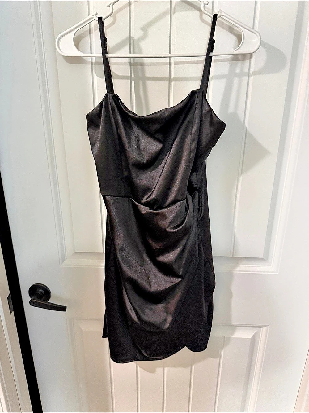 Honey and Rosie Black Satin Ruched Mini Dress Black Large